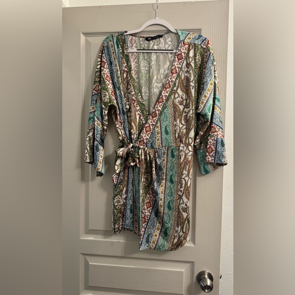 Zara Green and Orange Wrap Pajama with V-Neck
